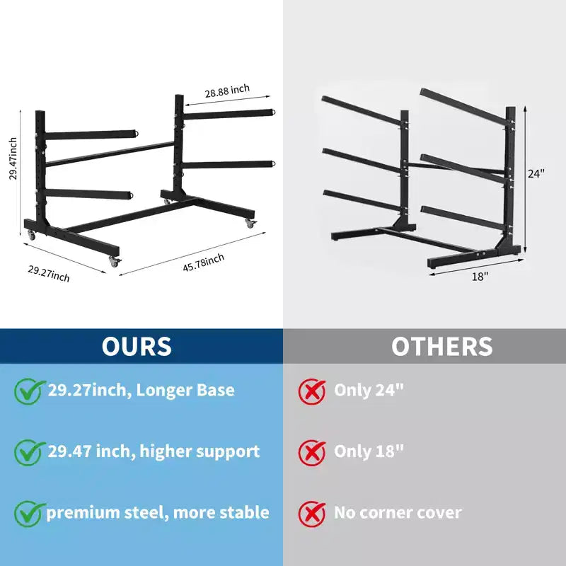 Rack de kayak autoportant robuste avec roues, support de rangement réglable pour garage et extérieur, convient aux canoës, SUP et planches de surf