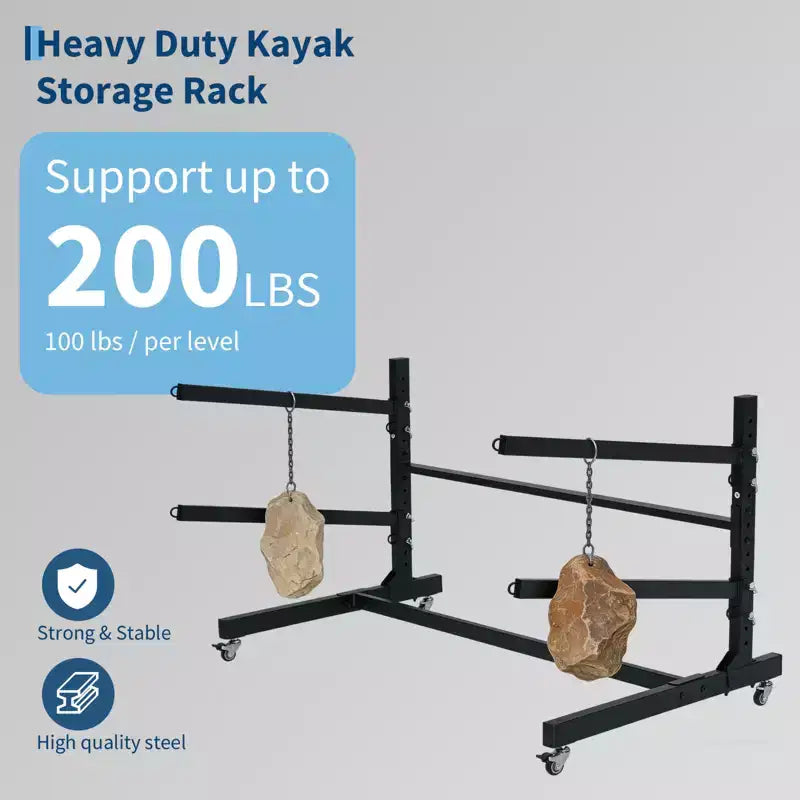 Rack de kayak autoportant robuste avec roues, support de rangement réglable pour garage et extérieur, convient aux canoës, SUP et planches de surf