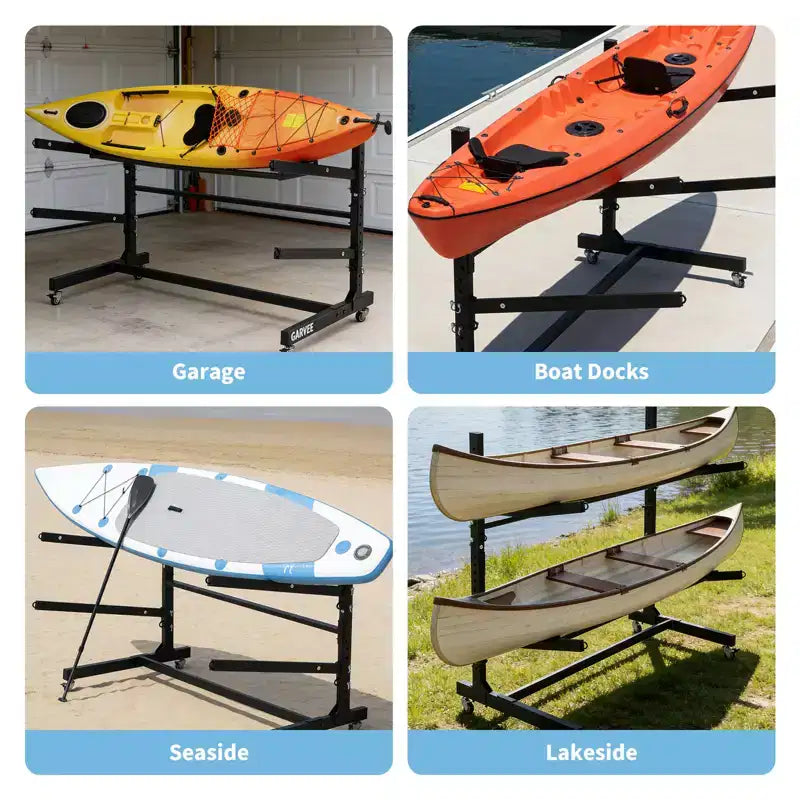 Rack de kayak autoportant robuste avec roues, support de rangement réglable pour garage et extérieur, convient aux canoës, SUP et planches de surf