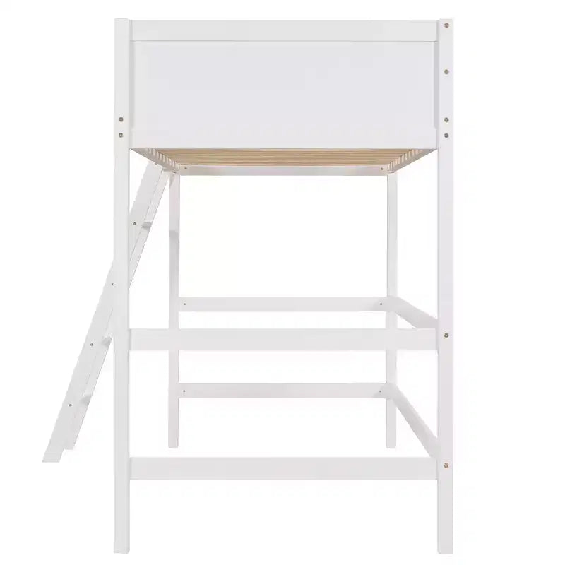 Lit mezzanine en bois, taille double, avec échelle et garde-corps - Blanc
