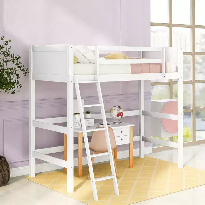 Lit mezzanine en bois, taille double, avec échelle et garde-corps - Blanc