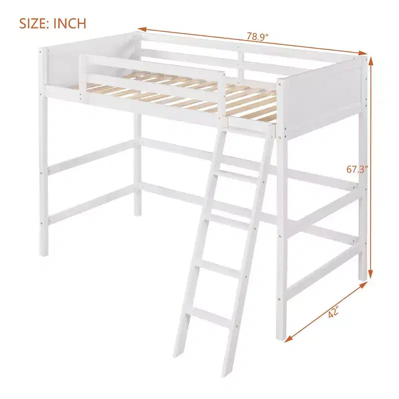 Lit mezzanine en bois, taille double, avec échelle et garde-corps - Blanc