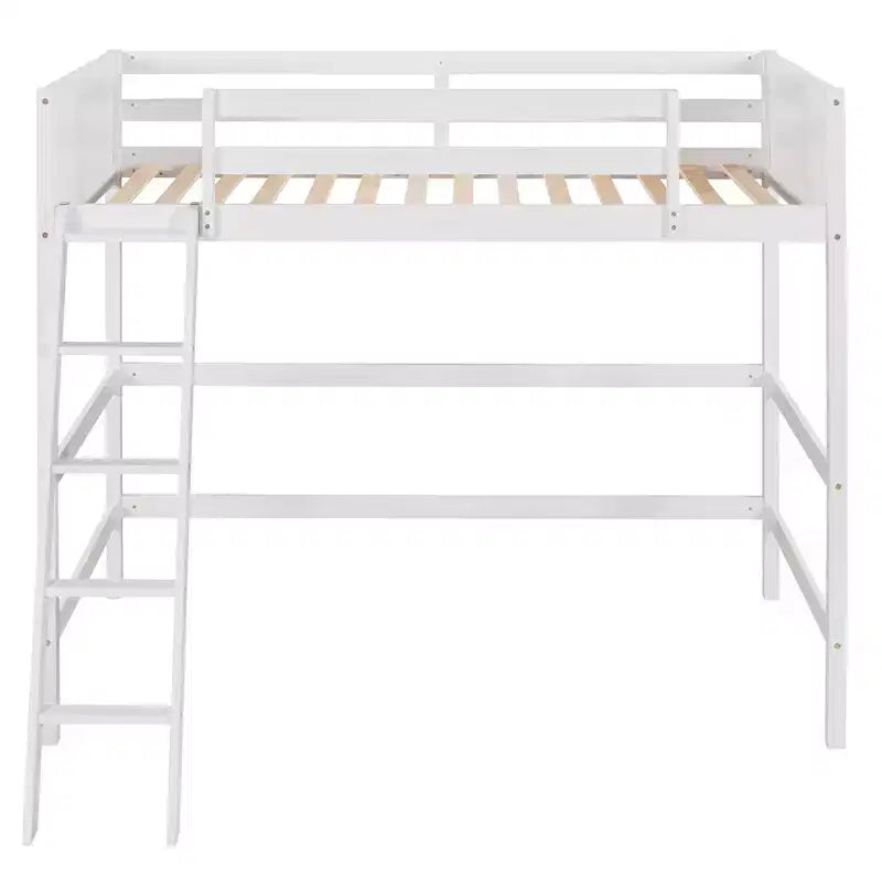 Lit mezzanine en bois, taille double, avec échelle et garde-corps - Blanc