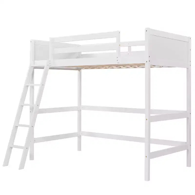 Lit mezzanine en bois, taille double, avec échelle et garde-corps - Blanc
