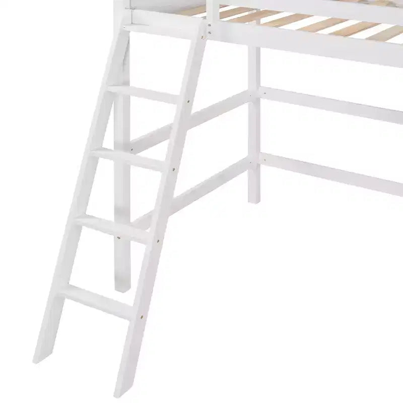 Lit mezzanine en bois, taille double, avec échelle et garde-corps - Blanc
