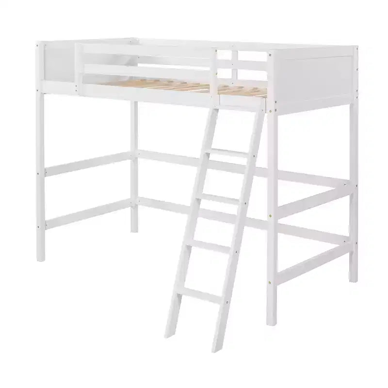 Lit mezzanine en bois, taille double, avec échelle et garde-corps - Blanc