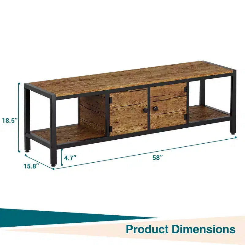 Meuble TV marron rustique pour salon, meuble de divertissement de 165 cm avec 2 armoires, étagères ouvertes, pieds en métal, convient aux téléviseurs jusqu'à 75 pouces