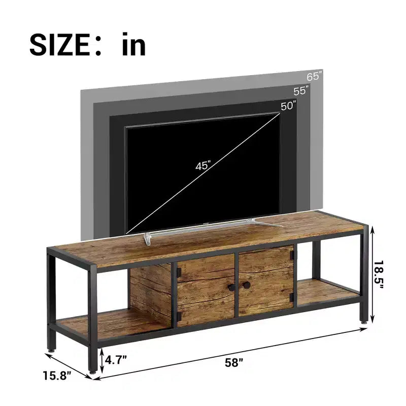 Meuble TV marron rustique pour salon, meuble de divertissement de 165 cm avec 2 armoires, étagères ouvertes, pieds en métal, convient aux téléviseurs jusqu'à 75 pouces