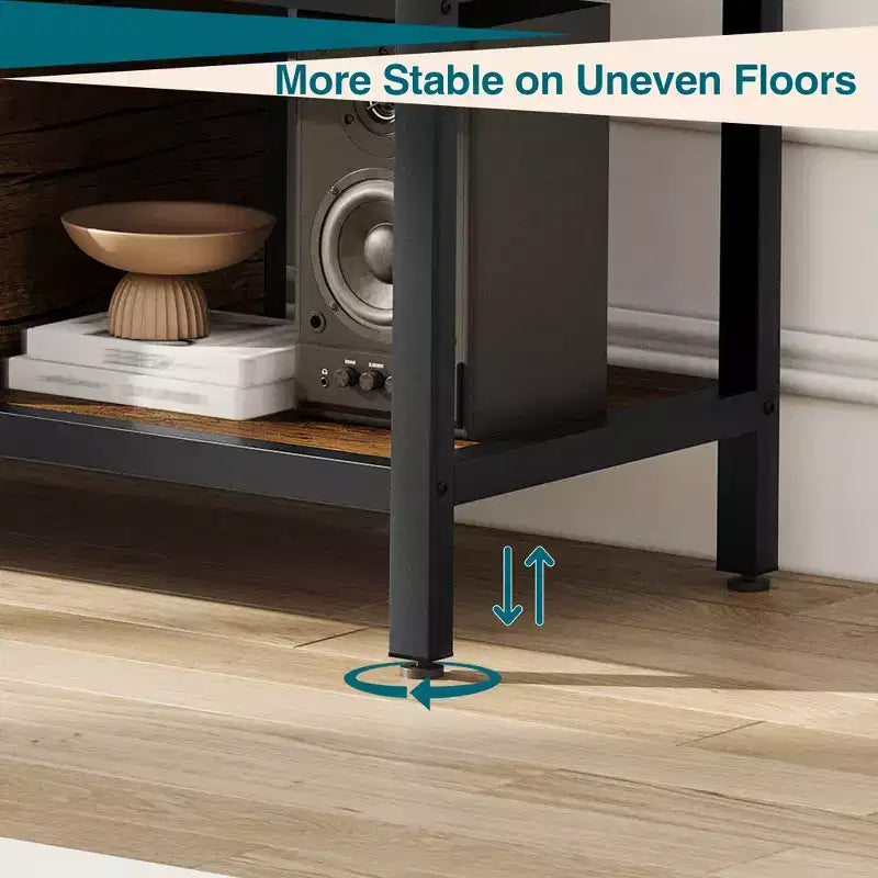 Meuble TV marron rustique pour salon, meuble de divertissement de 165 cm avec 2 armoires, étagères ouvertes, pieds en métal, convient aux téléviseurs jusqu'à 75 pouces