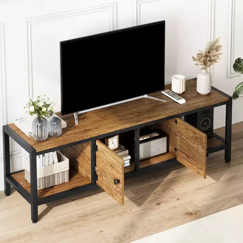 Meuble TV marron rustique pour salon, meuble de divertissement de 165 cm avec 2 armoires, étagères ouvertes, pieds en métal, convient aux téléviseurs jusqu'à 75 pouces