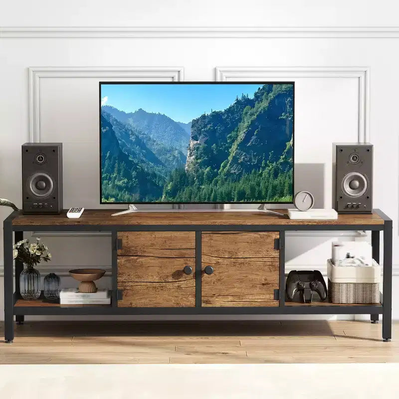 Meuble TV marron rustique pour salon, meuble de divertissement de 165 cm avec 2 armoires, étagères ouvertes, pieds en métal, convient aux téléviseurs jusqu'à 75 pouces