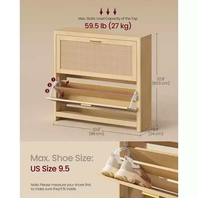 Meuble à chaussures fin de style bohème pour entrée avec tiroirs basculants effet rotin et coins arrondis