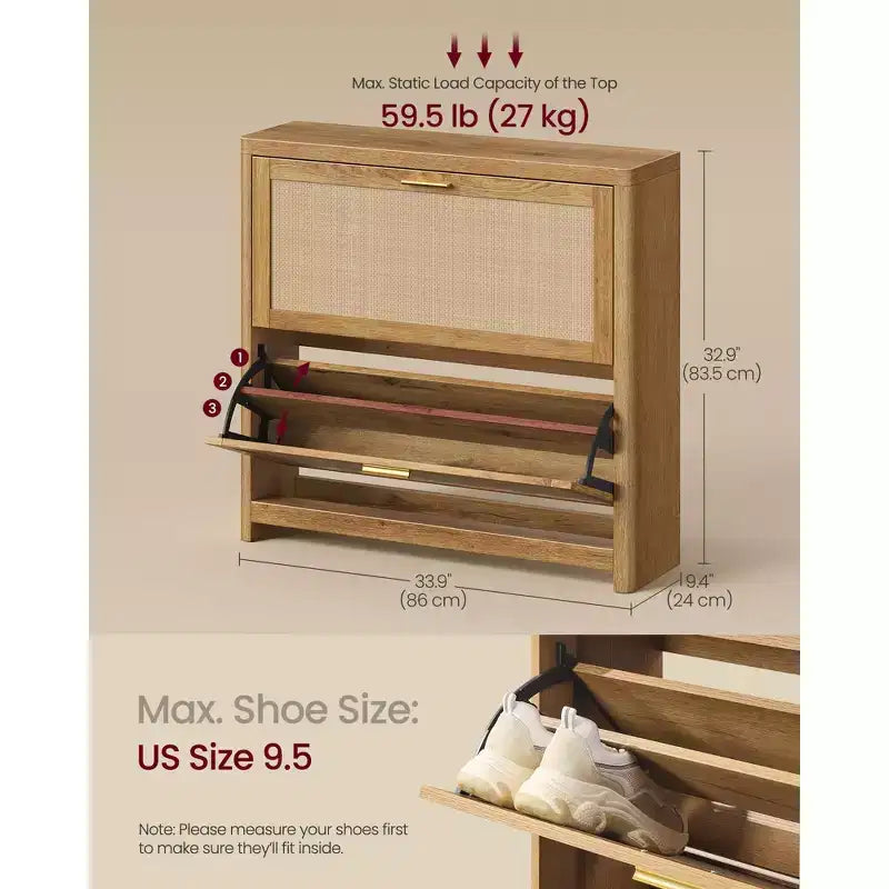 Meuble à chaussures fin de style bohème pour entrée avec tiroirs basculants effet rotin et coins arrondis