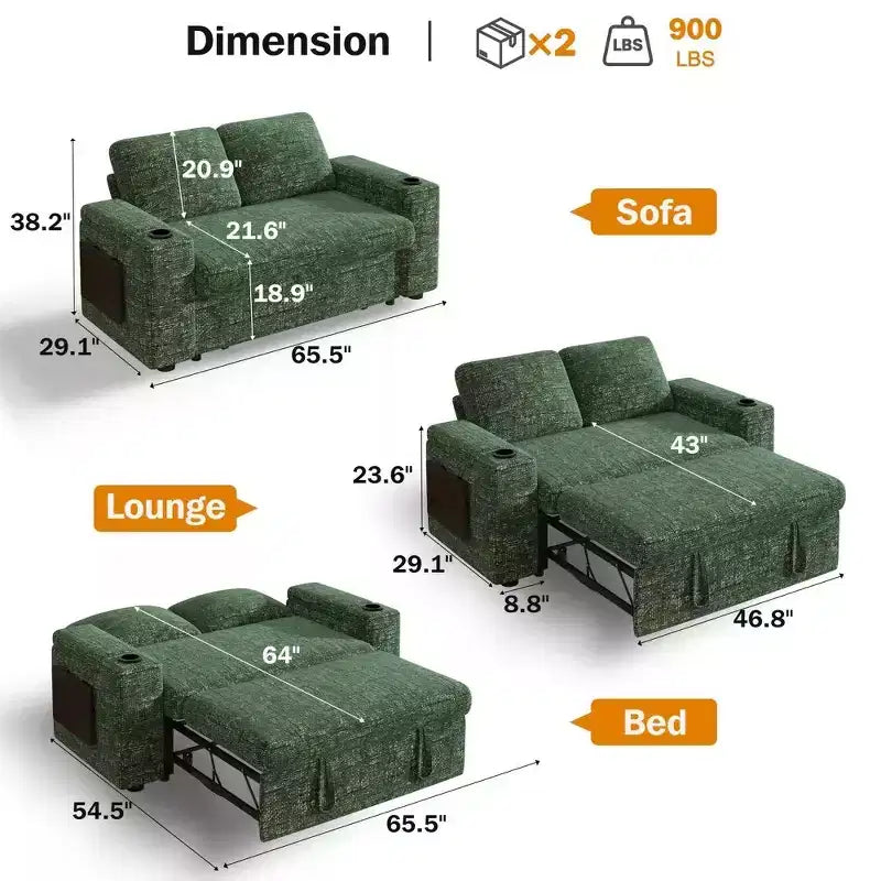 Canapé convertible 4-en-1 de 166 cm avec ports de charge USB, porte-gobelets et dossier réglable - Vert