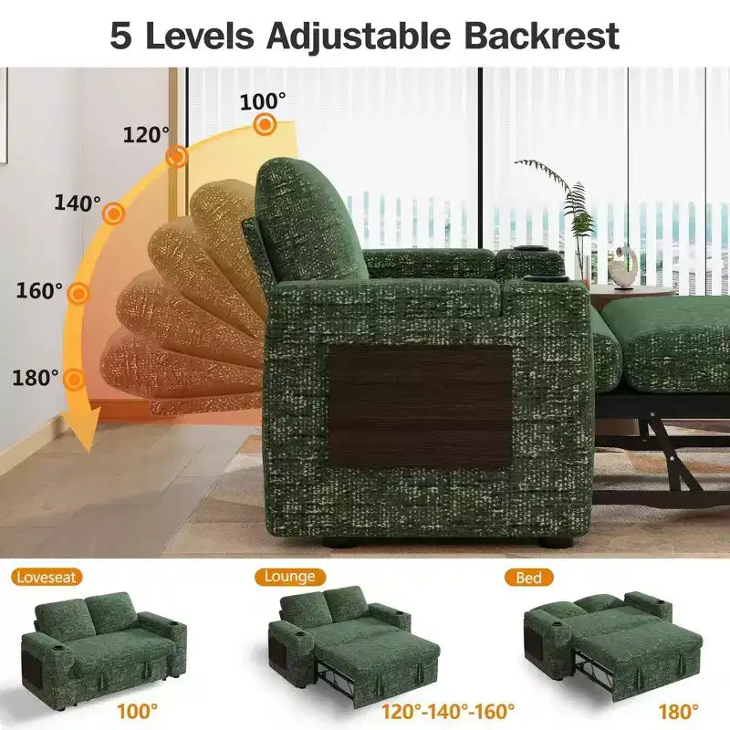 Canapé convertible 4-en-1 de 166 cm avec ports de charge USB, porte-gobelets et dossier réglable - Vert