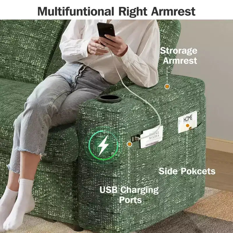 Canapé convertible 4-en-1 de 166 cm avec ports de charge USB, porte-gobelets et dossier réglable - Vert