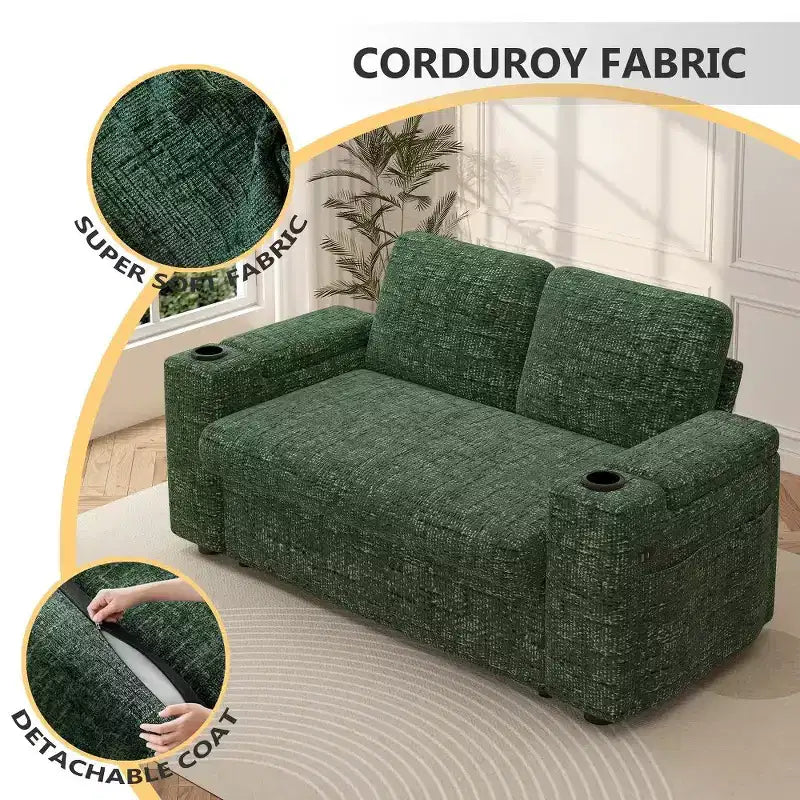 Canapé convertible 4-en-1 de 166 cm avec ports de charge USB, porte-gobelets et dossier réglable - Vert