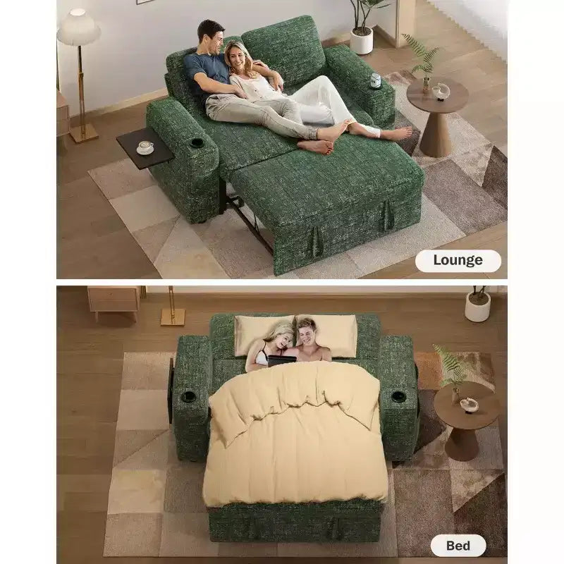 Canapé convertible 4-en-1 de 166 cm avec ports de charge USB, porte-gobelets et dossier réglable - Vert