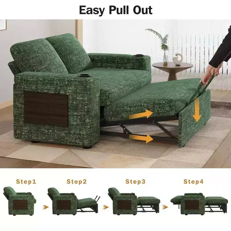 Canapé convertible 4-en-1 de 166 cm avec ports de charge USB, porte-gobelets et dossier réglable - Vert