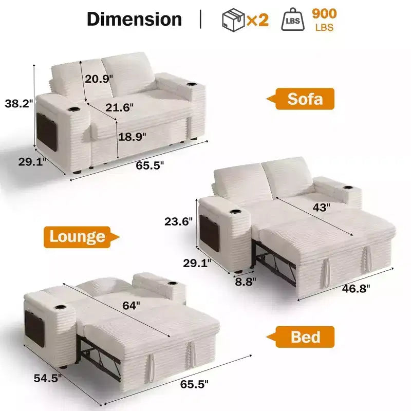 Canapé convertible 4-en-1 de 166 cm avec ports de charge USB, porte-gobelets et dossier réglable - Vert