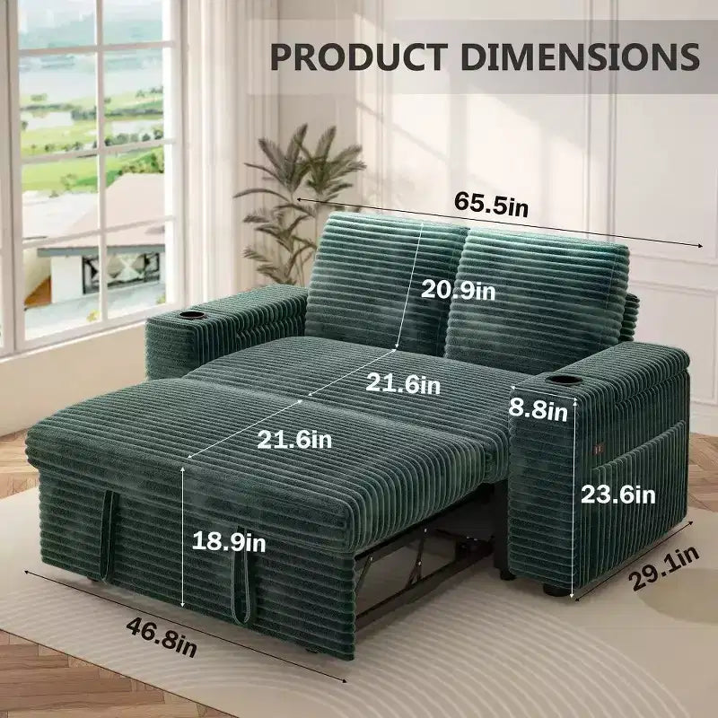 Canapé convertible 4-en-1 de 166 cm avec ports de charge USB, porte-gobelets et dossier réglable - Vert