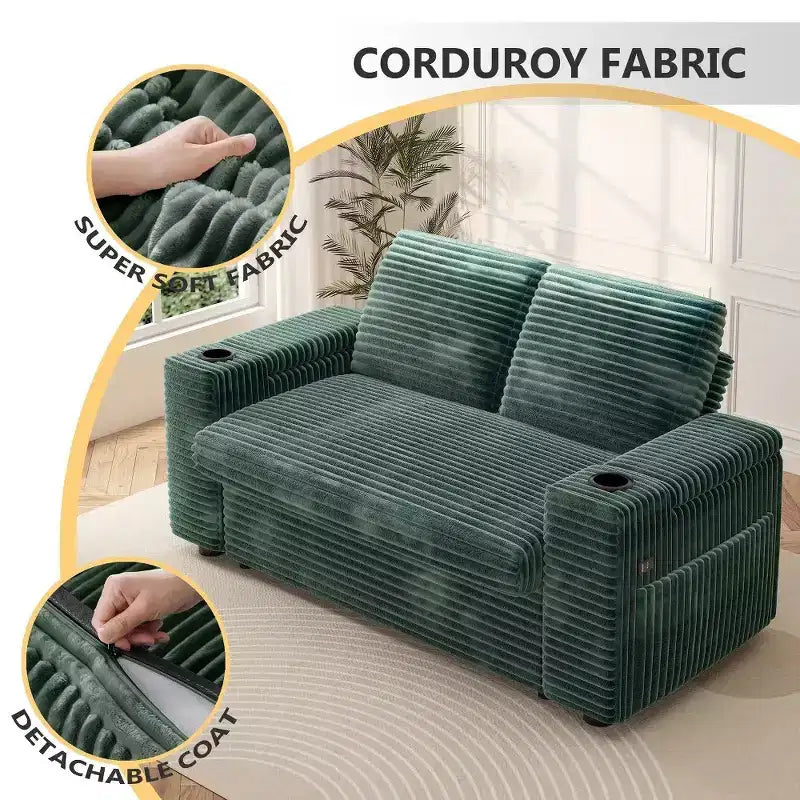 Canapé convertible 4-en-1 de 166 cm avec ports de charge USB, porte-gobelets et dossier réglable - Vert