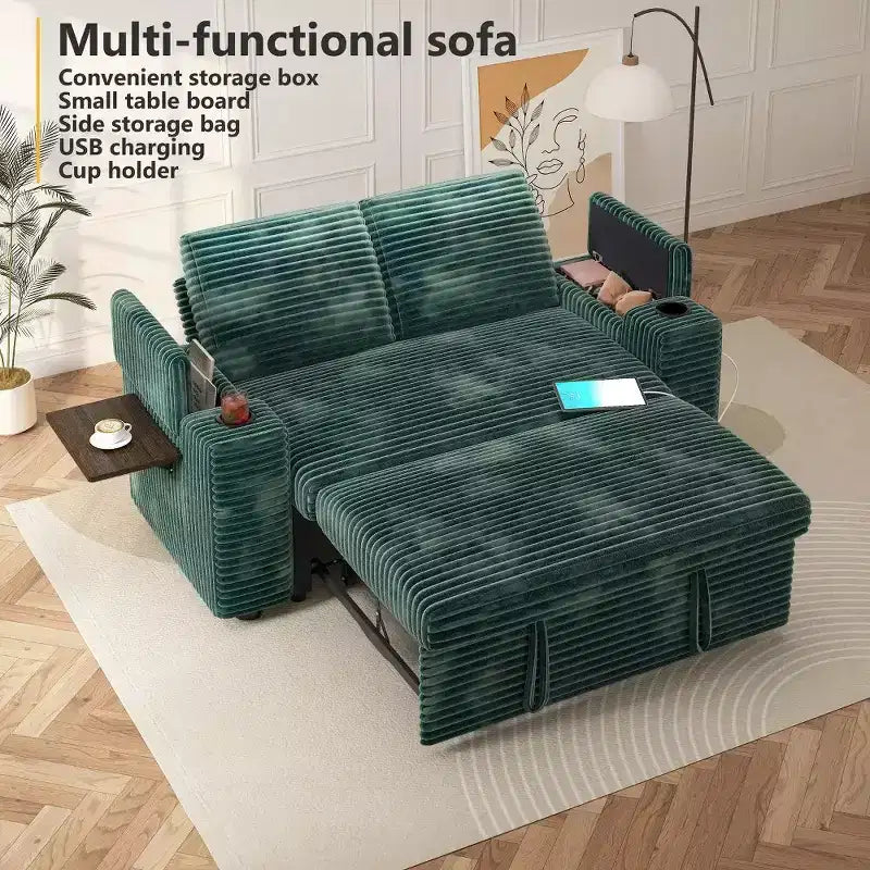 Canapé convertible 4-en-1 de 166 cm avec ports de charge USB, porte-gobelets et dossier réglable - Vert