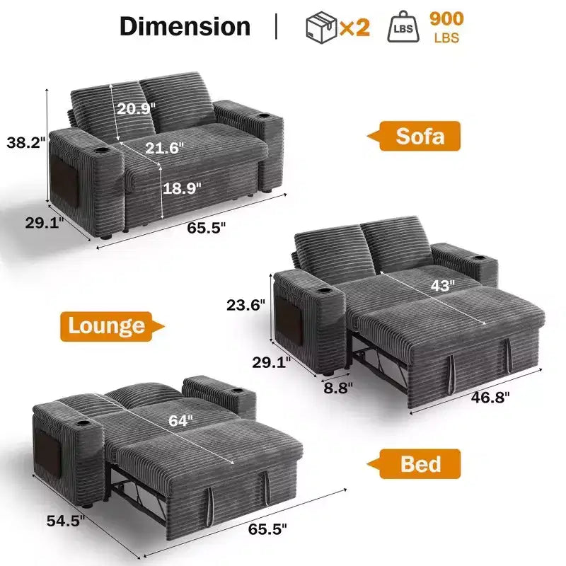 Canapé convertible 4-en-1 de 166 cm avec ports de charge USB, porte-gobelets et dossier réglable - Vert