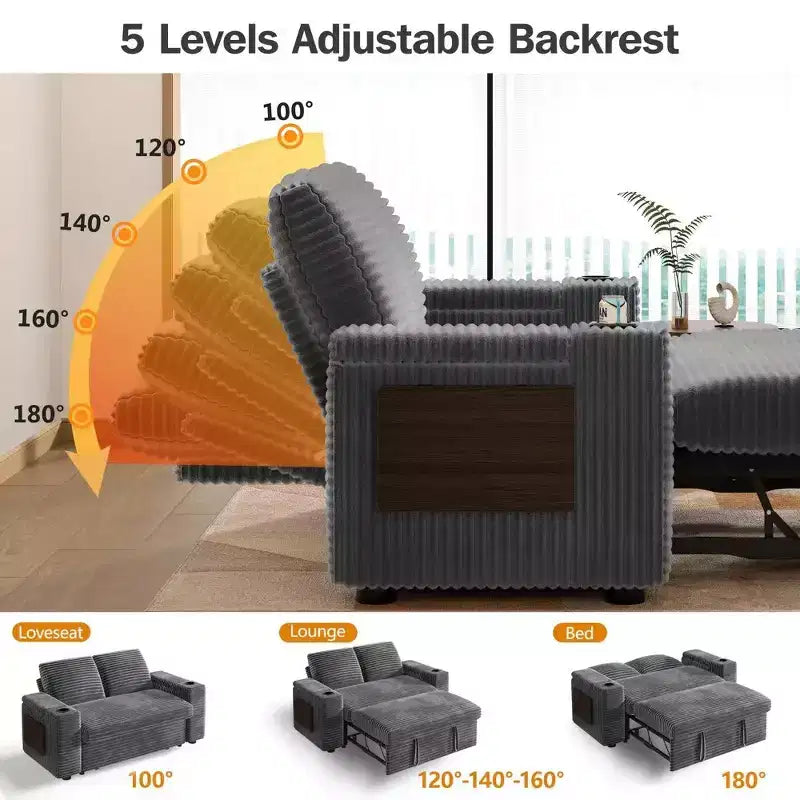Canapé convertible 4-en-1 de 166 cm avec ports de charge USB, porte-gobelets et dossier réglable - Vert