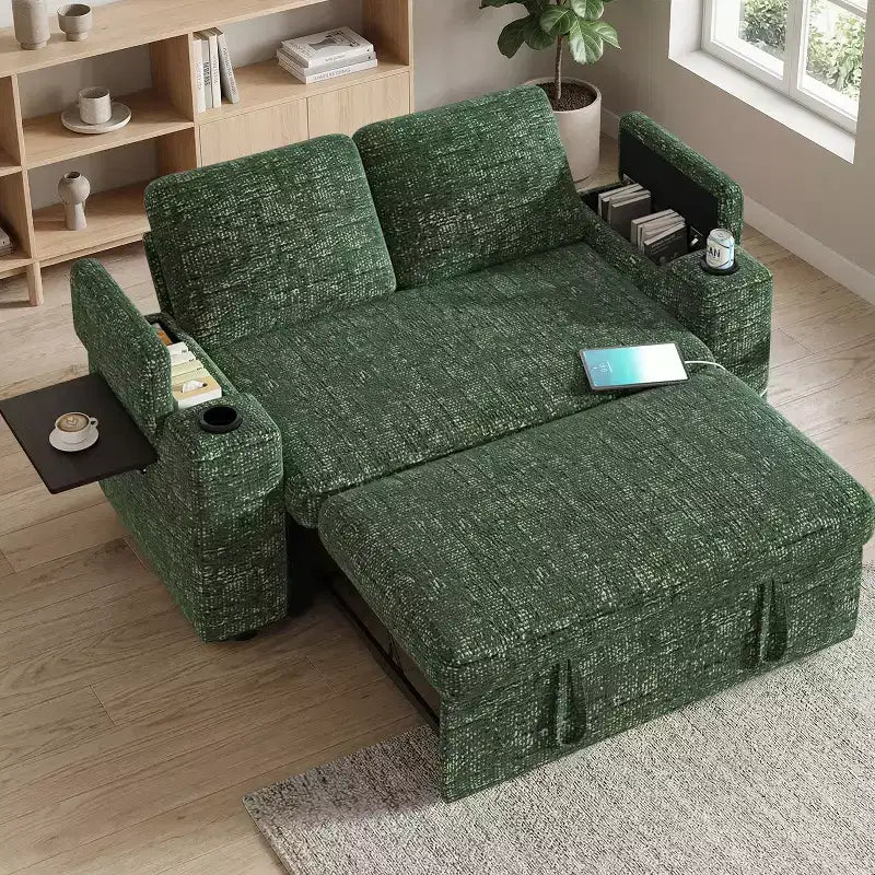 Canapé convertible 4-en-1 de 166 cm avec ports de charge USB, porte-gobelets et dossier réglable - Vert