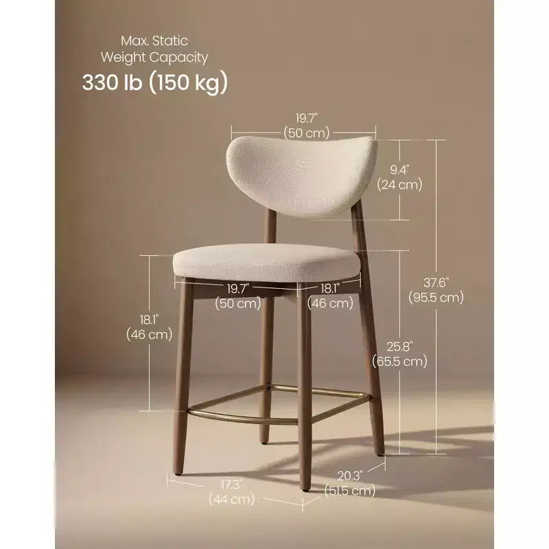 Tabourets de bar rembourrés, hauteur comptoir, lot de 2 - Pieds en bois massif, tissu lin, couleur cappuccino