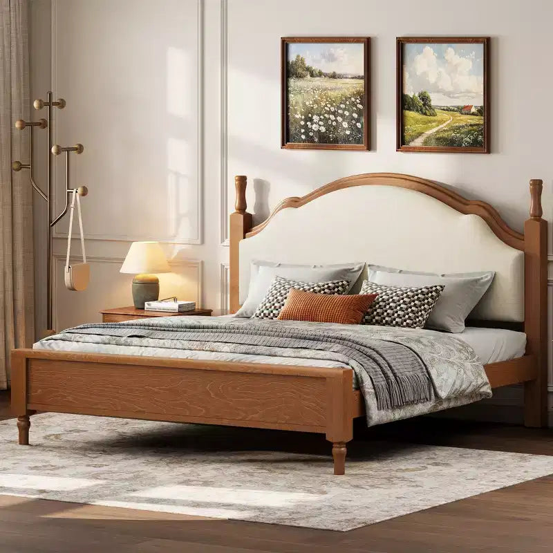 Lit plateforme Queen/King size avec tête de lit incurvée et rembourrée - Cadre en bois de pin