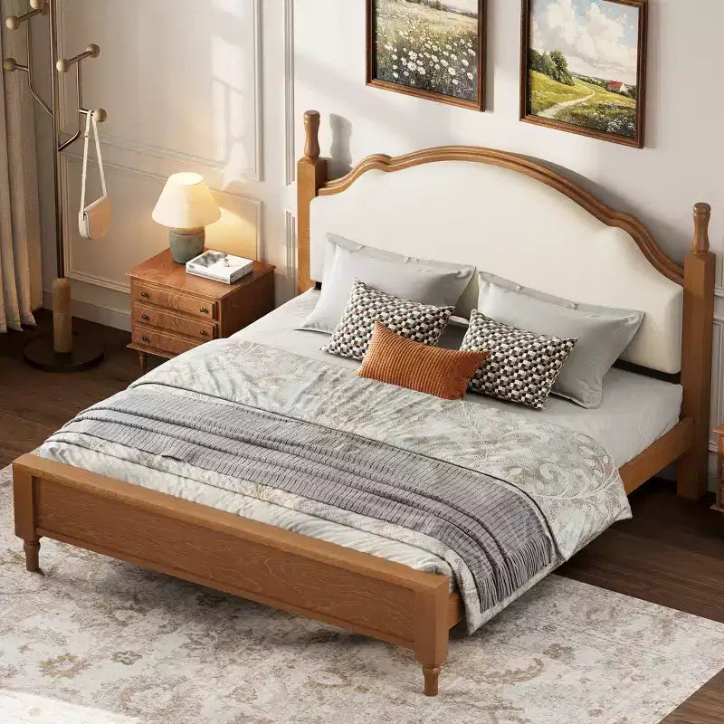 Lit plateforme Queen/King size avec tête de lit incurvée et rembourrée - Cadre en bois de pin