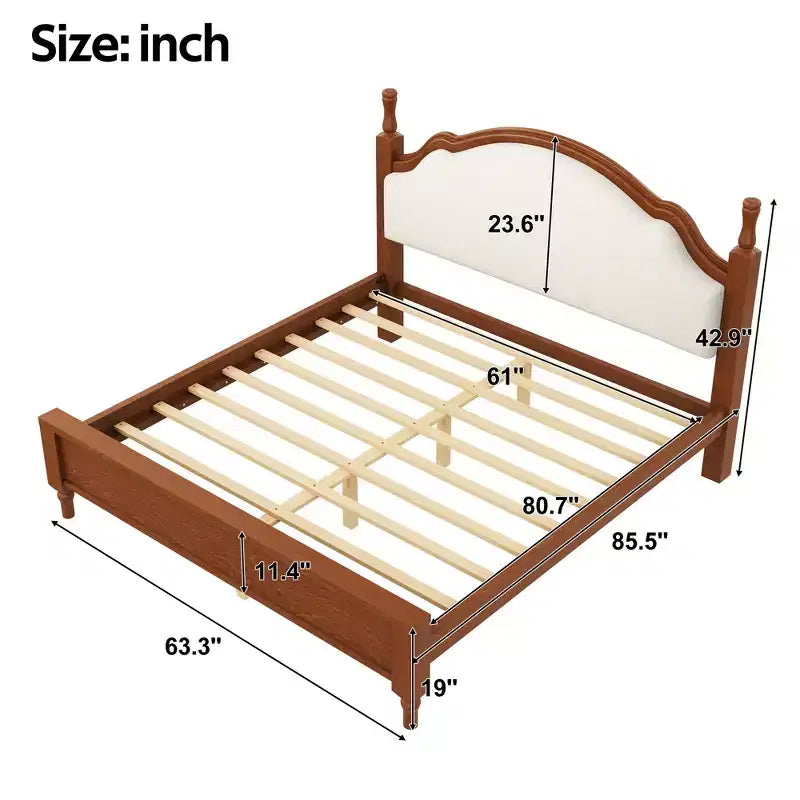 Lit plateforme Queen/King size avec tête de lit incurvée et rembourrée - Cadre en bois de pin
