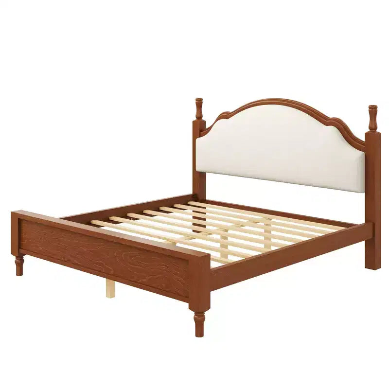 Lit plateforme Queen/King size avec tête de lit incurvée et rembourrée - Cadre en bois de pin
