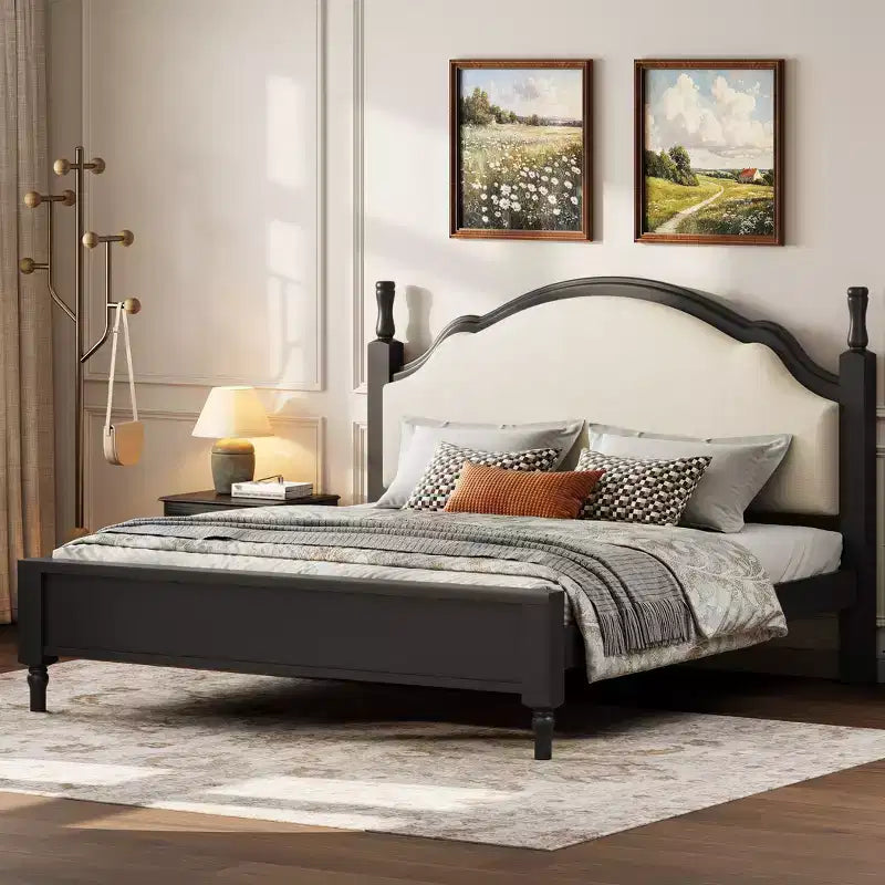 Lit plateforme Queen/King size avec tête de lit incurvée et rembourrée - Cadre en bois de pin