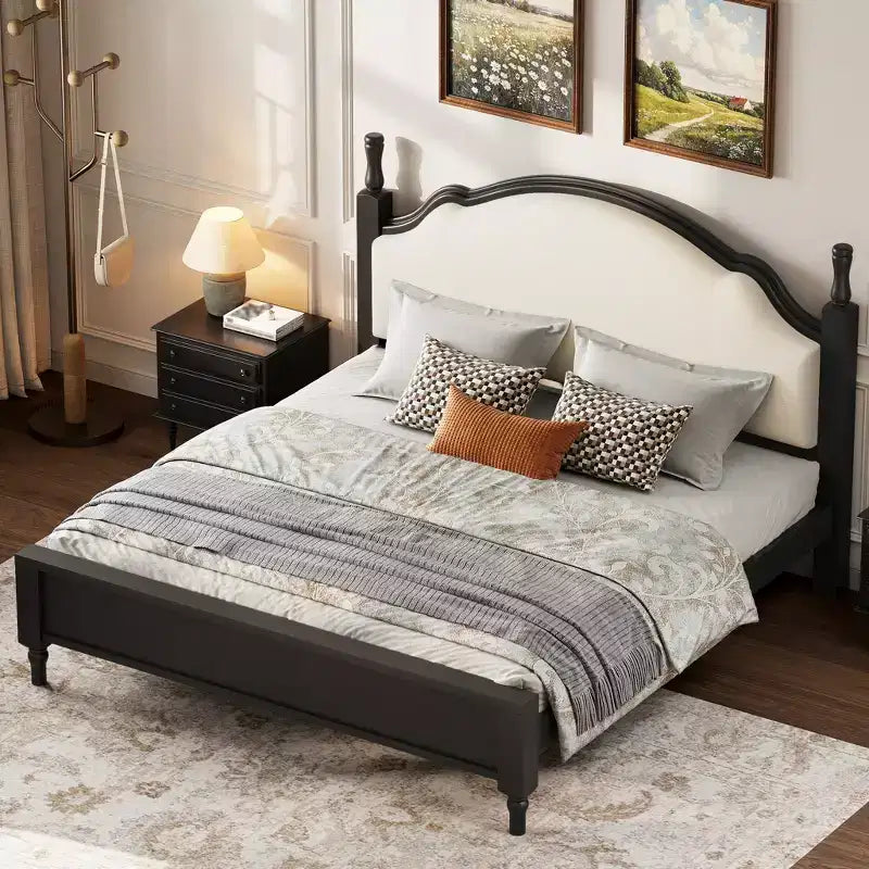 Lit plateforme Queen/King size avec tête de lit incurvée et rembourrée - Cadre en bois de pin