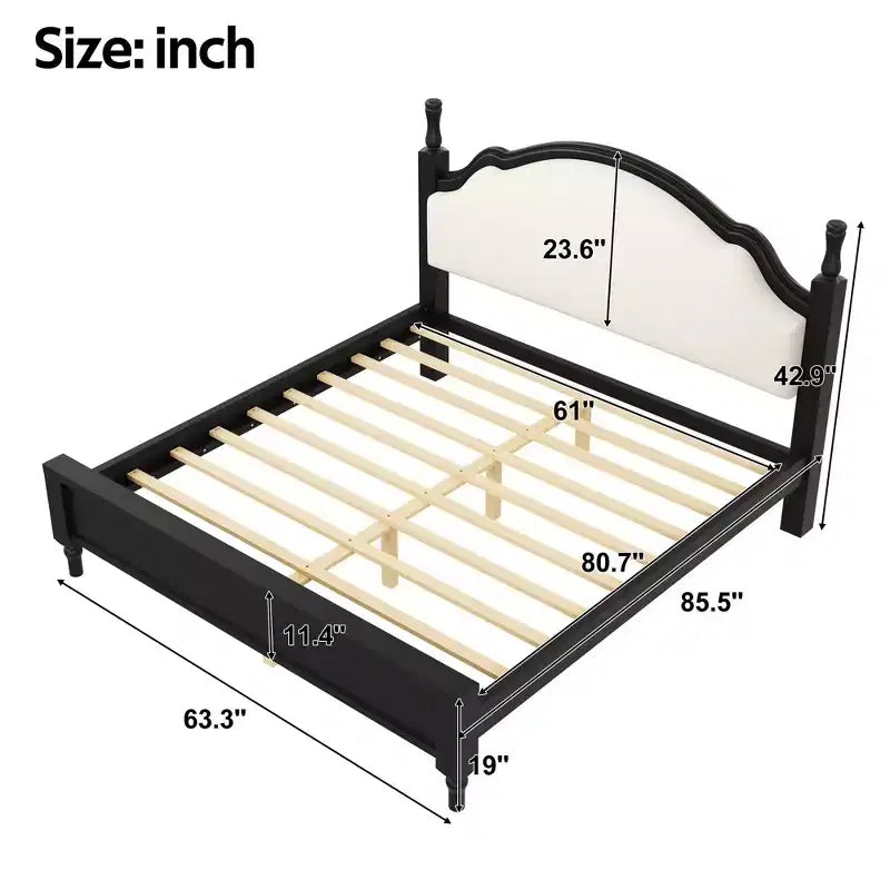 Lit plateforme Queen/King size avec tête de lit incurvée et rembourrée - Cadre en bois de pin