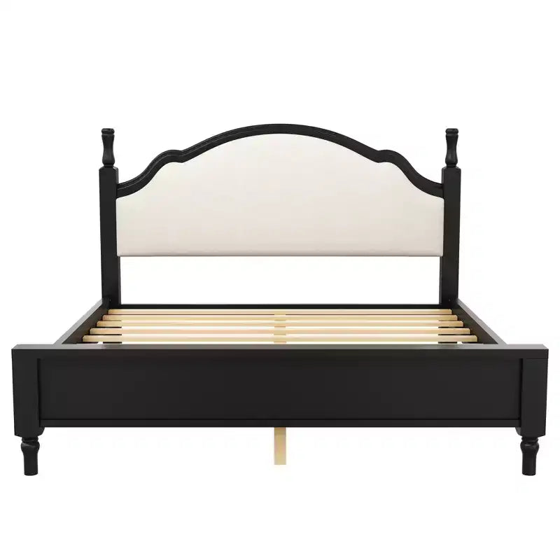 Lit plateforme Queen/King size avec tête de lit incurvée et rembourrée - Cadre en bois de pin