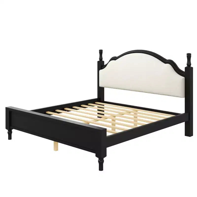 Lit plateforme Queen/King size avec tête de lit incurvée et rembourrée - Cadre en bois de pin