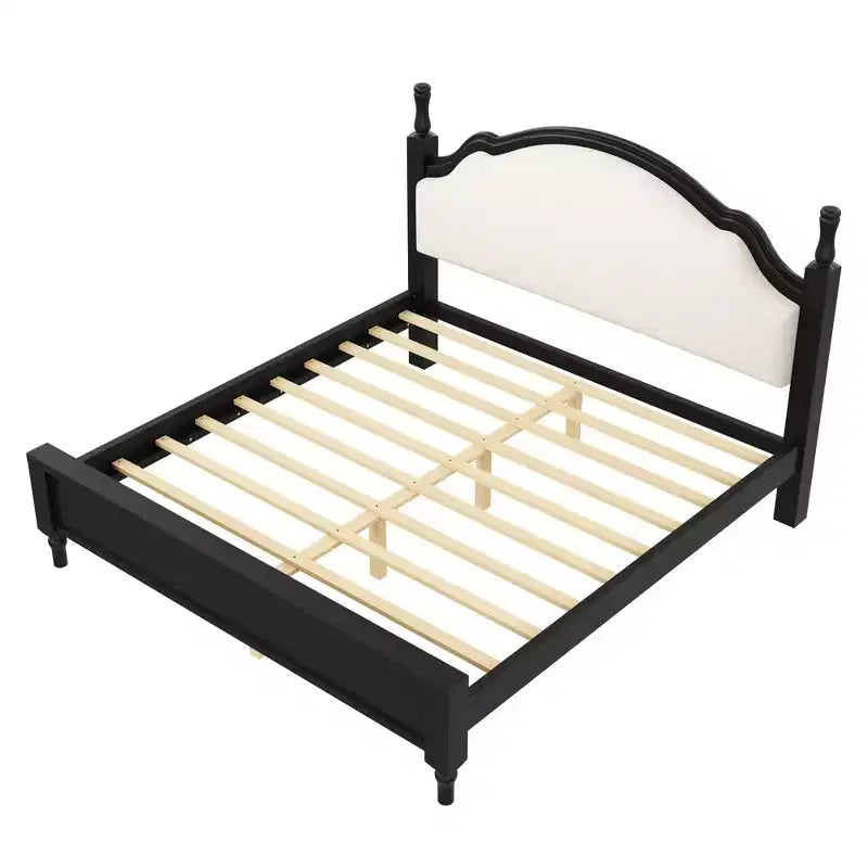 Lit plateforme Queen/King size avec tête de lit incurvée et rembourrée - Cadre en bois de pin