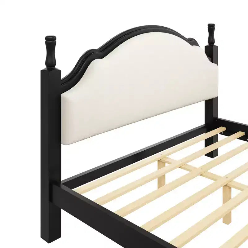 Lit plateforme Queen/King size avec tête de lit incurvée et rembourrée - Cadre en bois de pin