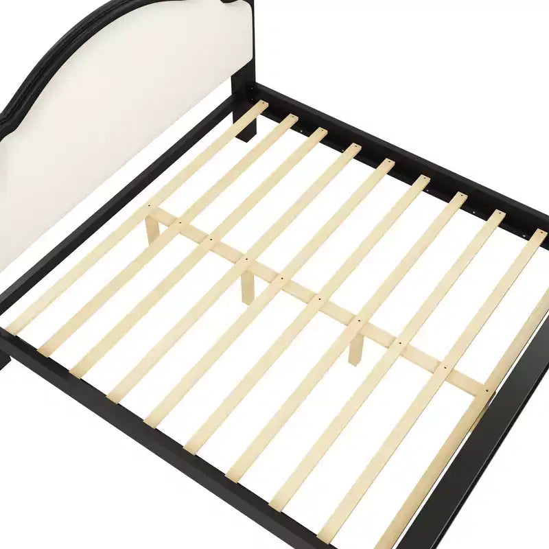 Lit plateforme Queen/King size avec tête de lit incurvée et rembourrée - Cadre en bois de pin