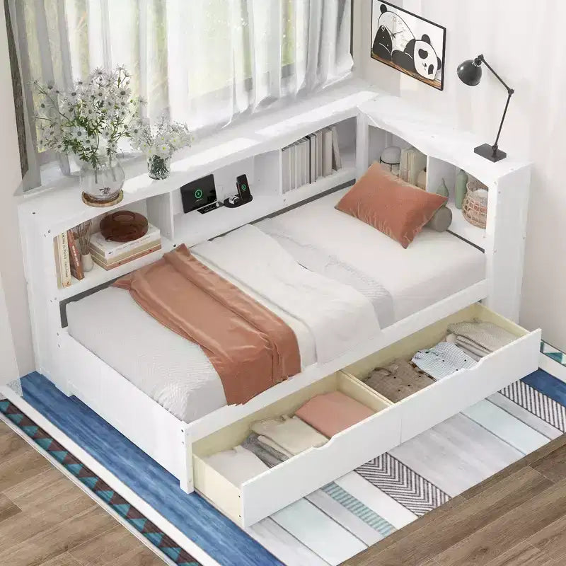 Lit de repos une place avec 2 tiroirs de rangement, placards et ports USB - Blanc