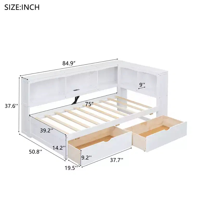 Lit de repos une place avec 2 tiroirs de rangement, placards et ports USB - Blanc