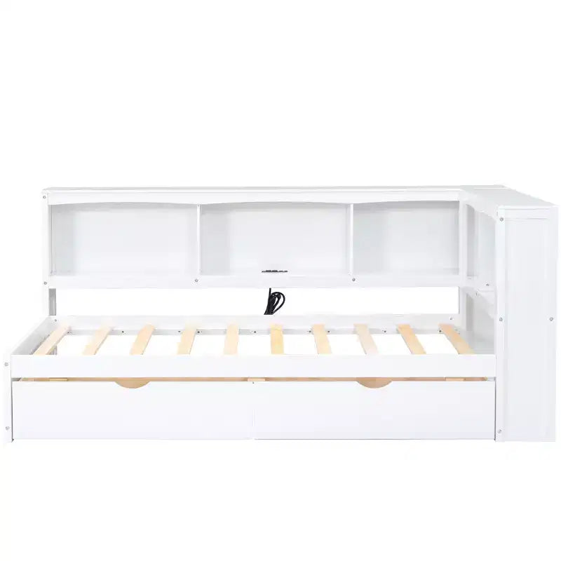 Lit de repos une place avec 2 tiroirs de rangement, placards et ports USB - Blanc