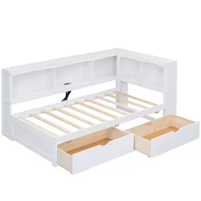 Lit de repos une place avec 2 tiroirs de rangement, placards et ports USB - Blanc