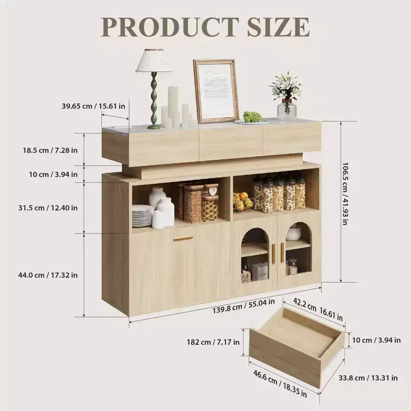 Meuble de bar à café en bois, rangement de cuisine avec 3 tiroirs et étagère réglable, buffet/crédence pour salle à manger