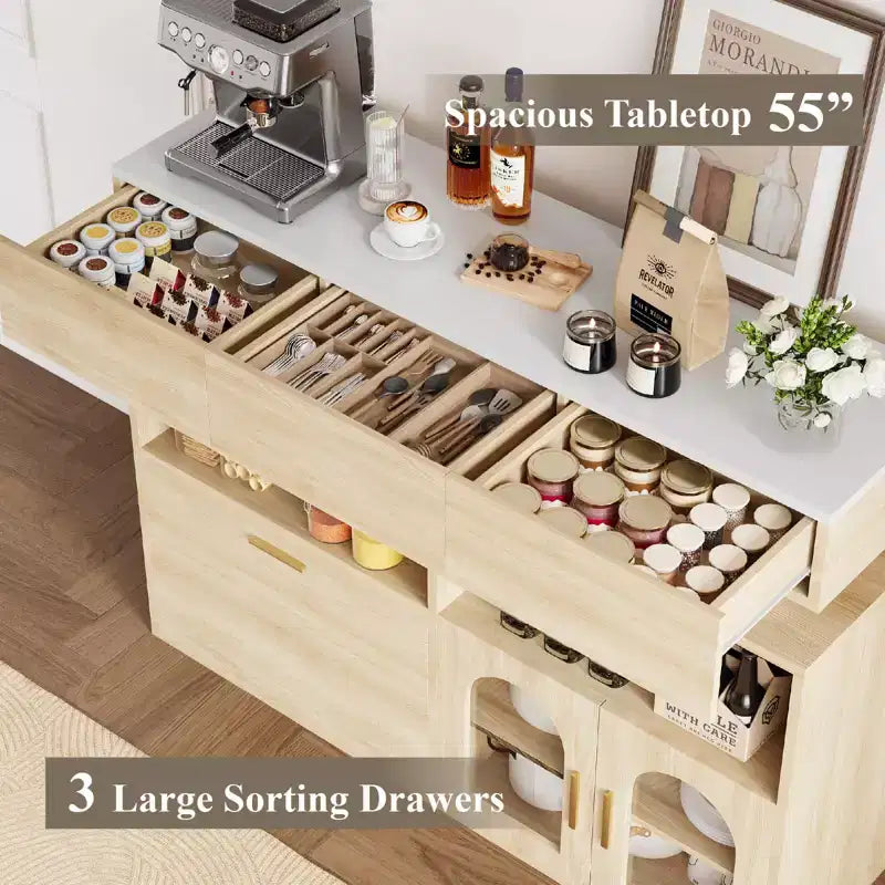 Meuble de bar à café en bois, rangement de cuisine avec 3 tiroirs et étagère réglable, buffet/crédence pour salle à manger