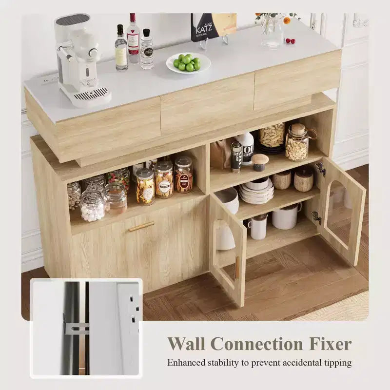 Meuble de bar à café en bois, rangement de cuisine avec 3 tiroirs et étagère réglable, buffet/crédence pour salle à manger